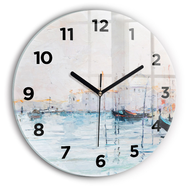 Round glass wall clock Oil painting yacht sea