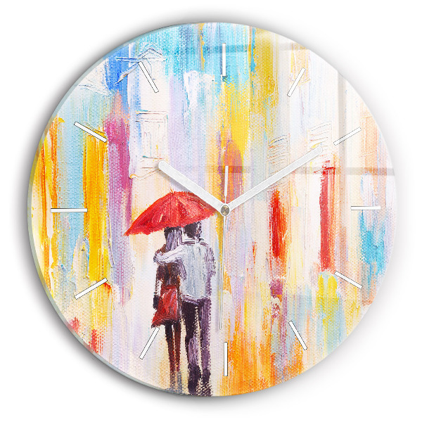 Round glass wall clock Couple in the rain