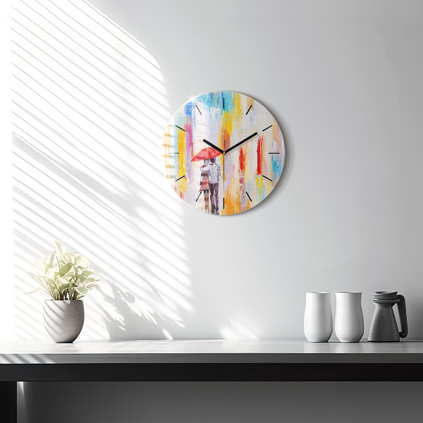Round glass wall clock Couple in the rain