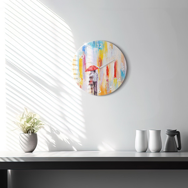 Round glass wall clock Couple in the rain