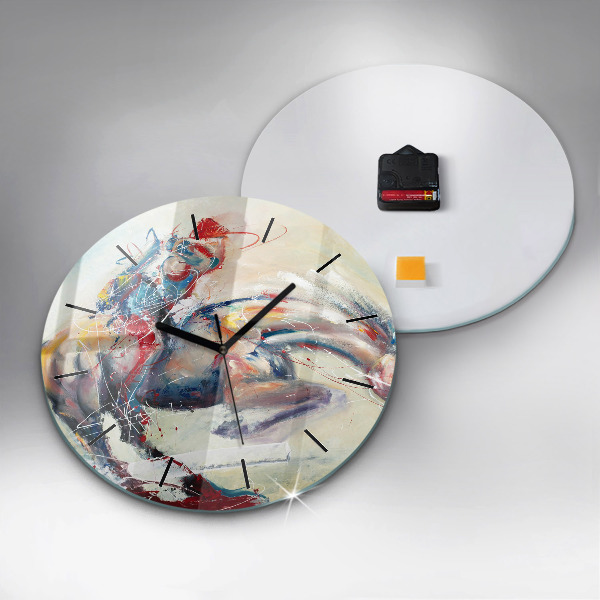 Round glass wall clock Illustration of galloping horses