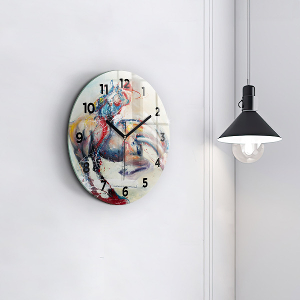 Round glass wall clock Illustration of galloping horses