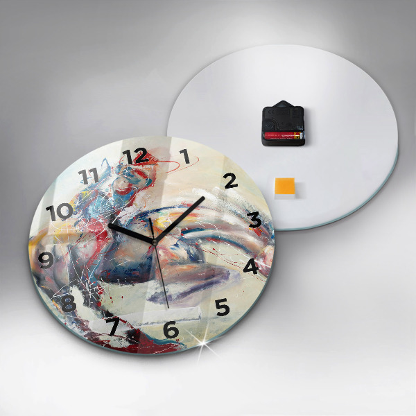 Round glass wall clock Illustration of galloping horses
