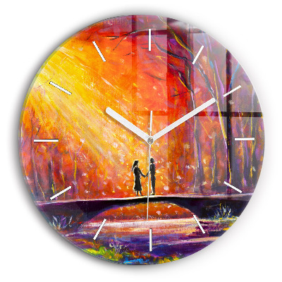 Round glass wall clock Couple in the forest