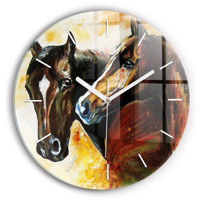 Round glass wall clock Two painted horses