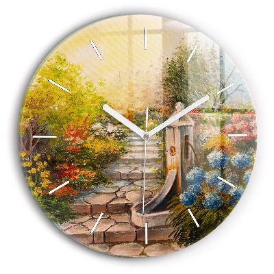 Round glass wall clock Oil composition in the forest