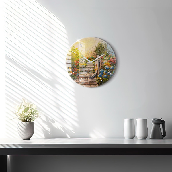 Round glass wall clock Oil composition in the forest