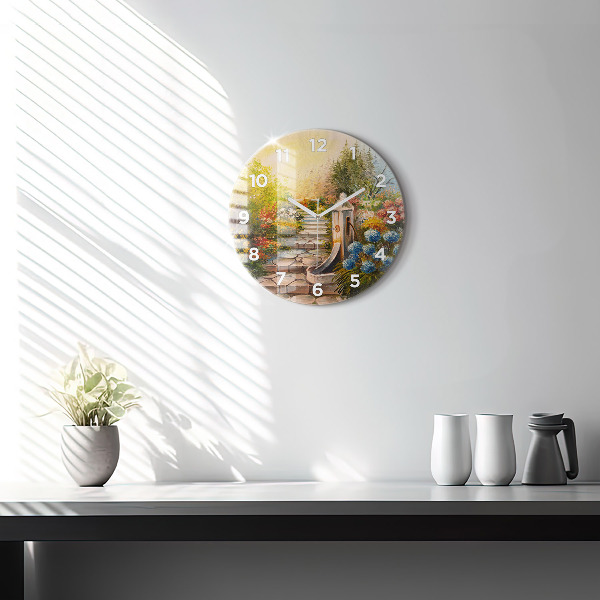 Round glass wall clock Oil composition in the forest