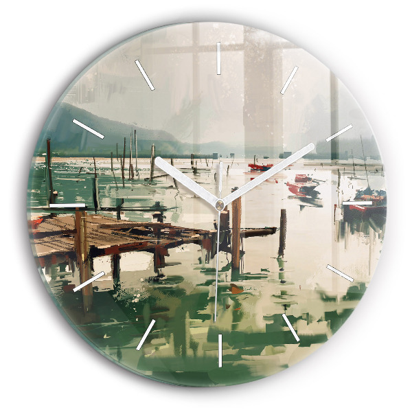 Round glass wall clock Fishing boats in the port
