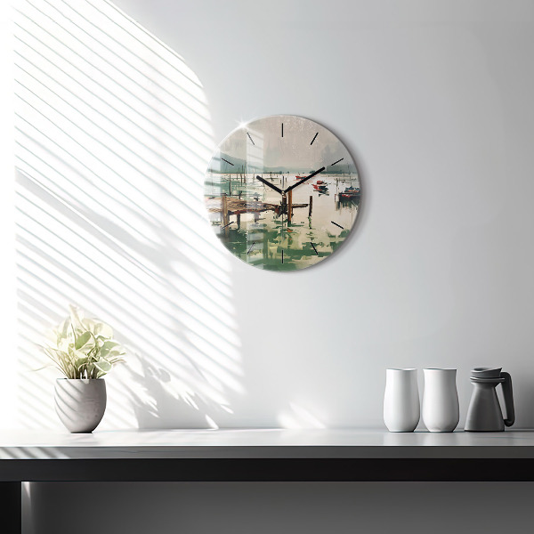 Round glass wall clock Fishing boats in the port
