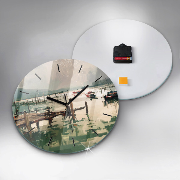 Round glass wall clock Fishing boats in the port