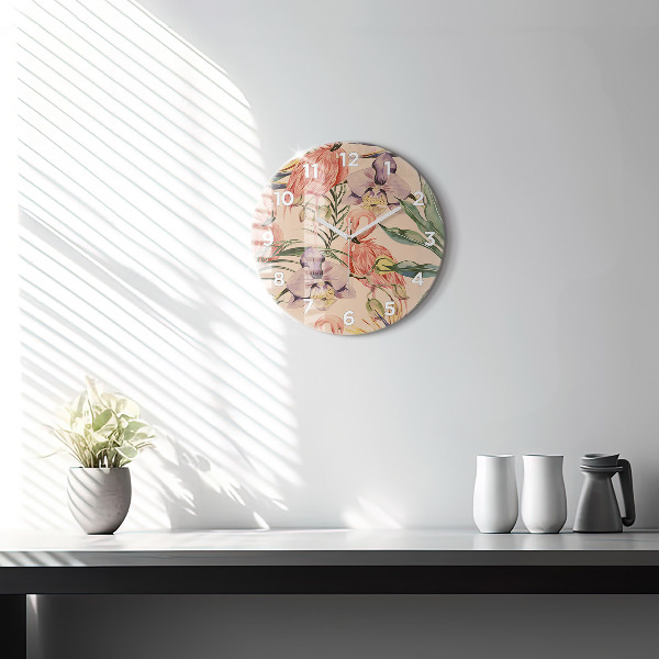 Round glass wall clock Tropical palm leaves