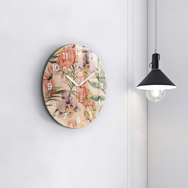 Round glass wall clock Tropical palm leaves