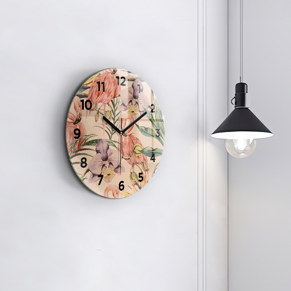 Round glass wall clock Tropical palm leaves