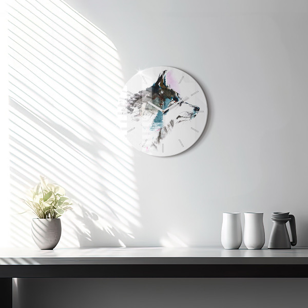 Round glass wall clock Painted Wolf Profile