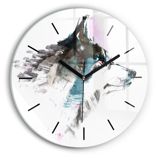 Round glass wall clock Painted Wolf Profile