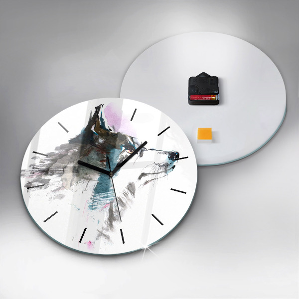 Round glass wall clock Painted Wolf Profile