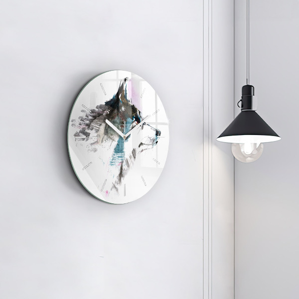 Round glass wall clock Painted Wolf Profile