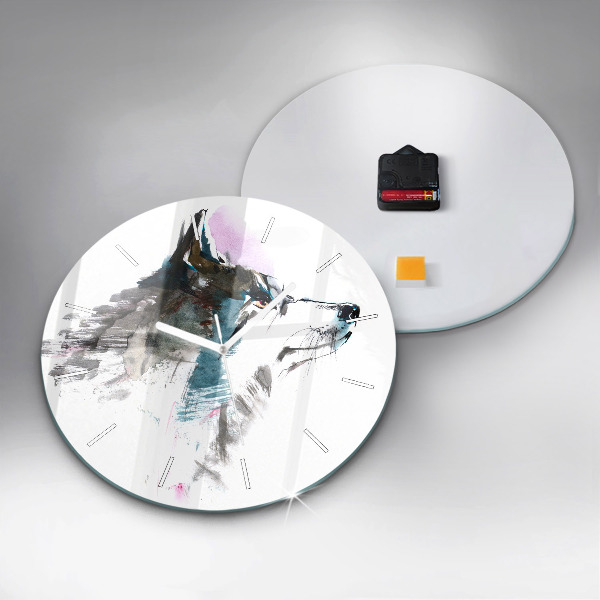Round glass wall clock Painted Wolf Profile