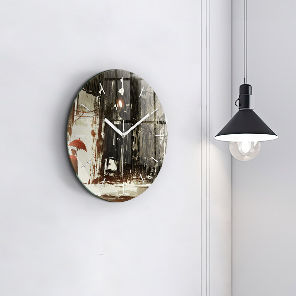 Round glass wall clock Woman on a rainy night