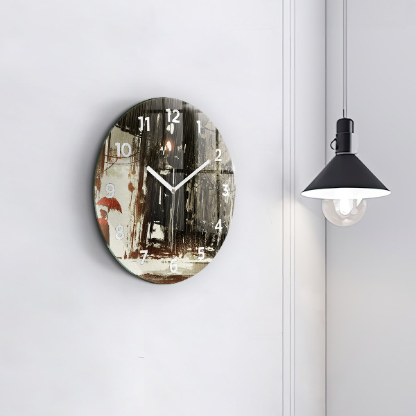 Round glass wall clock Woman on a rainy night
