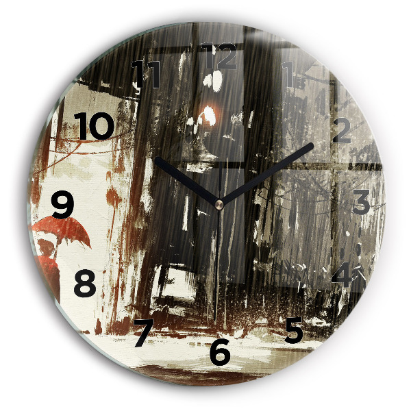 Round glass wall clock Woman on a rainy night