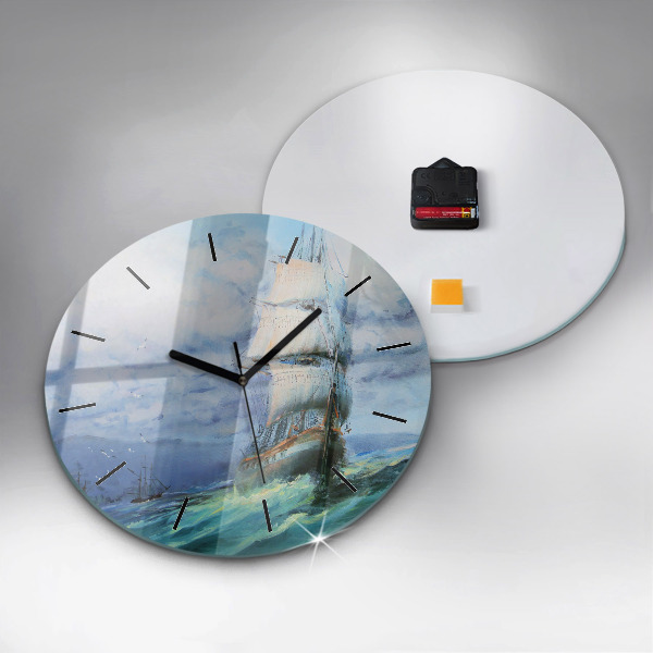 Round glass wall clock A ship on the water
