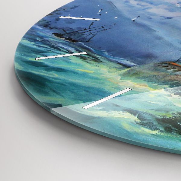 Round glass wall clock A ship on the water
