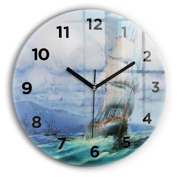 Round glass wall clock A ship on the water