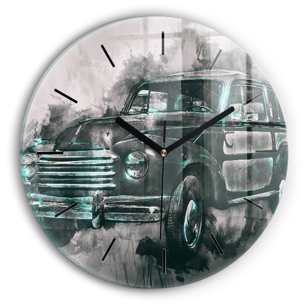 Round glass wall clock Old School Car