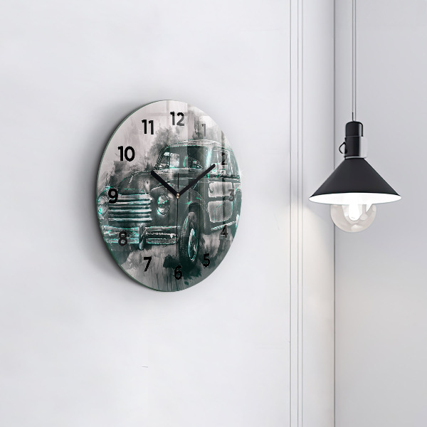Round glass wall clock Old School Car