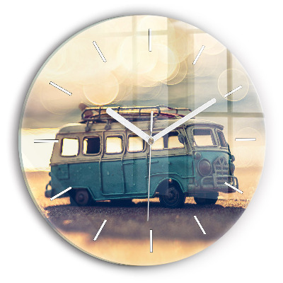 Round glass wall clock Camper on the beach