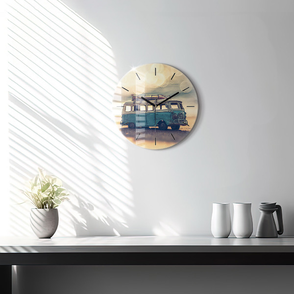 Round glass wall clock Camper on the beach