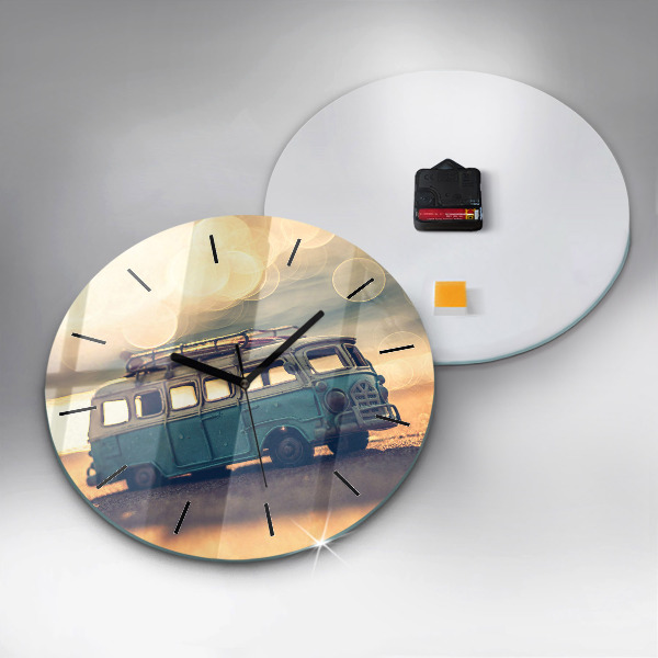 Round glass wall clock Camper on the beach