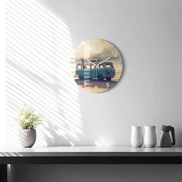 Round glass wall clock Camper on the beach