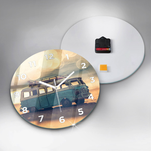 Round glass wall clock Camper on the beach