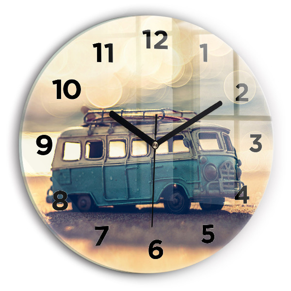 Round glass wall clock Camper on the beach