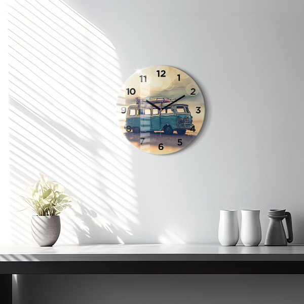 Round glass wall clock Camper on the beach