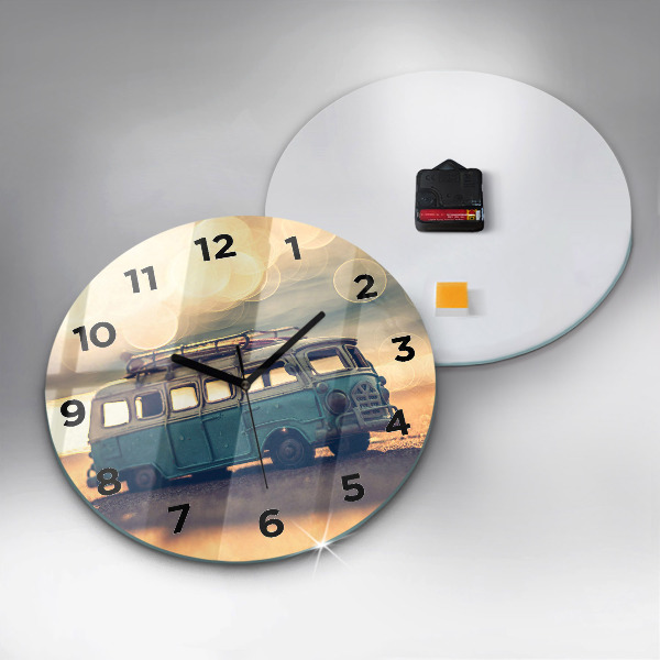 Round glass wall clock Camper on the beach
