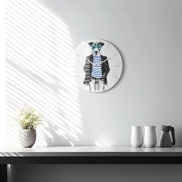 Round glass wall clock A dog in a human body