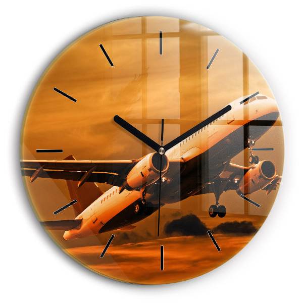 Round glass wall clock Travel by plane