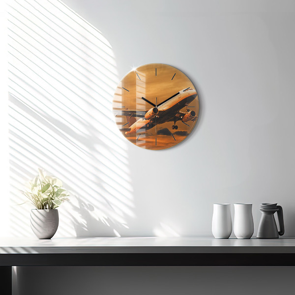 Round glass wall clock Travel by plane
