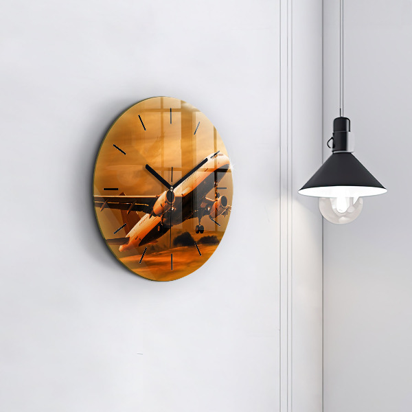 Round glass wall clock Travel by plane