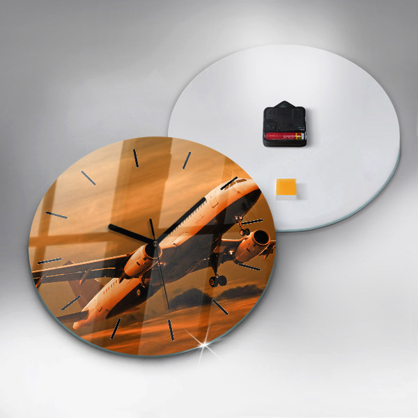 Round glass wall clock Travel by plane