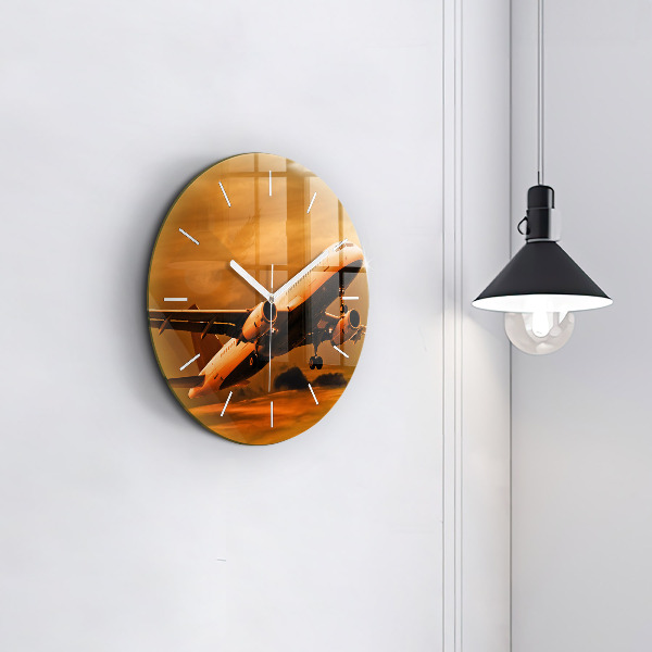 Round glass wall clock Travel by plane