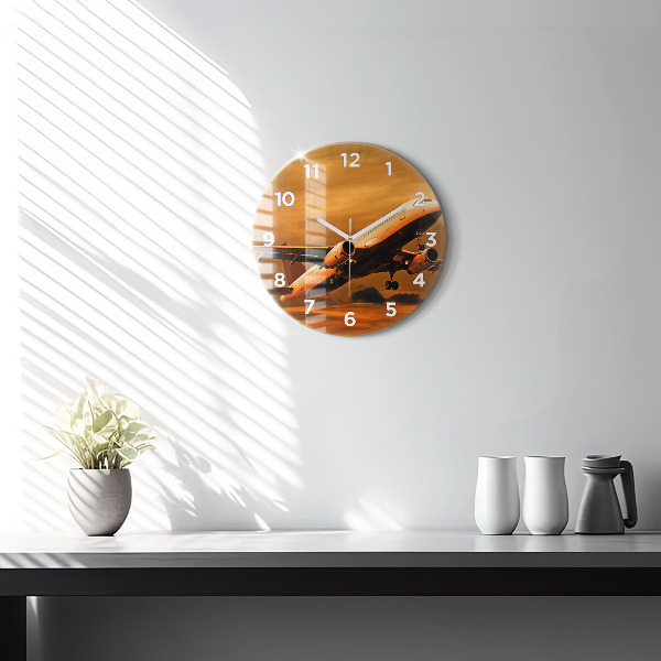 Round glass wall clock Travel by plane