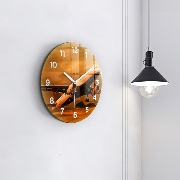 Round glass wall clock Travel by plane