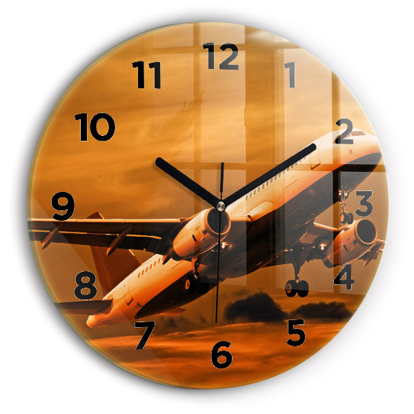 Round glass wall clock Travel by plane