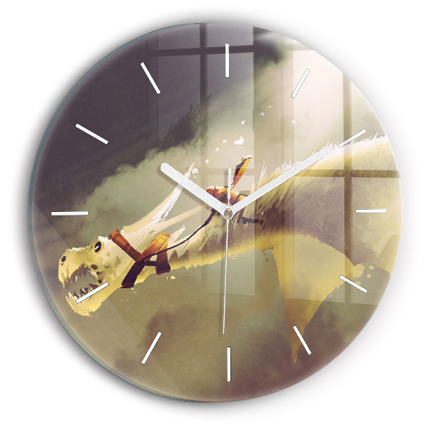 Round glass wall clock Dragon Rider Illustration