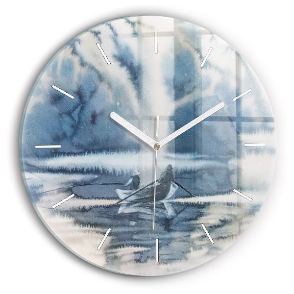 Round glass wall clock Winter Lake Łódka